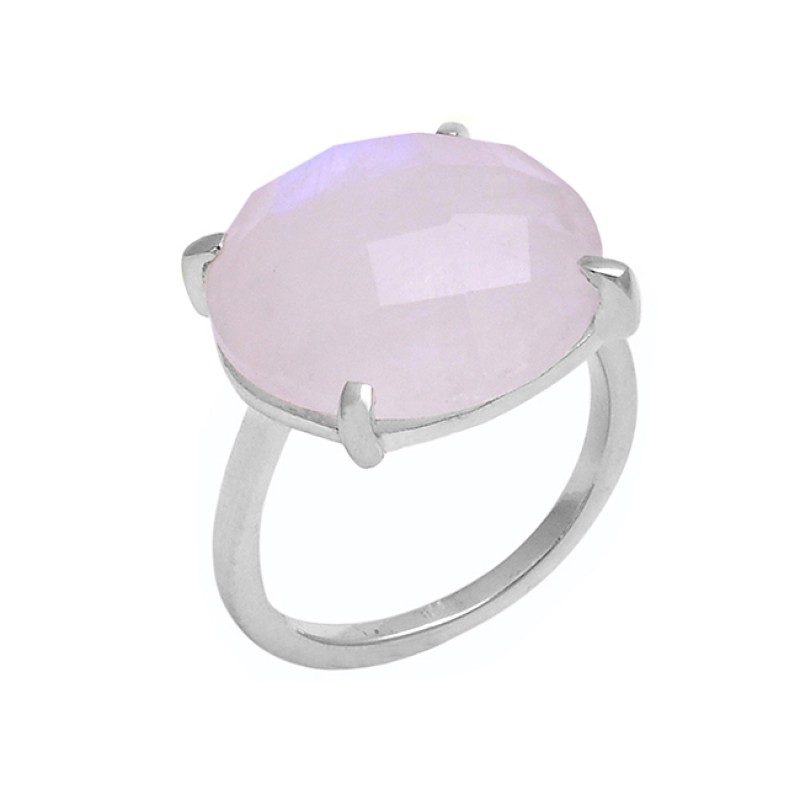 Round Shape Rainbow Moonstone 925 Sterling Silver Prong Setting Ring Jewelry