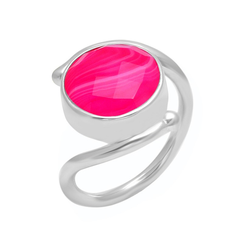 925 Sterling Silver Round Shape Pink Banded Agate Gemstone Handmade Band Ring