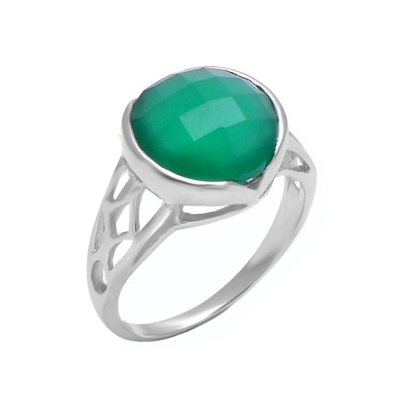 925 Sterling Silver Round Shape Green Onyx Gemstone Filigree Style Designer Ring
