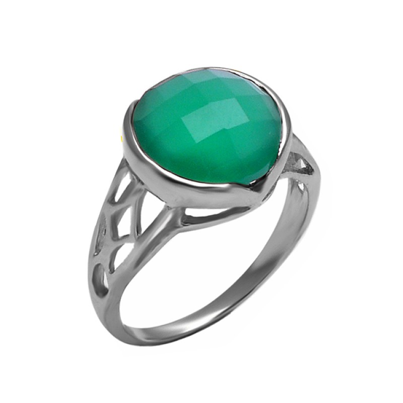 925 Sterling Silver Round Shape Green Onyx Gemstone Filigree Style Designer Ring