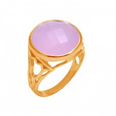 Round Shape Rose Chalcedony Gemstone 925 Sterling Silver Designer Ring