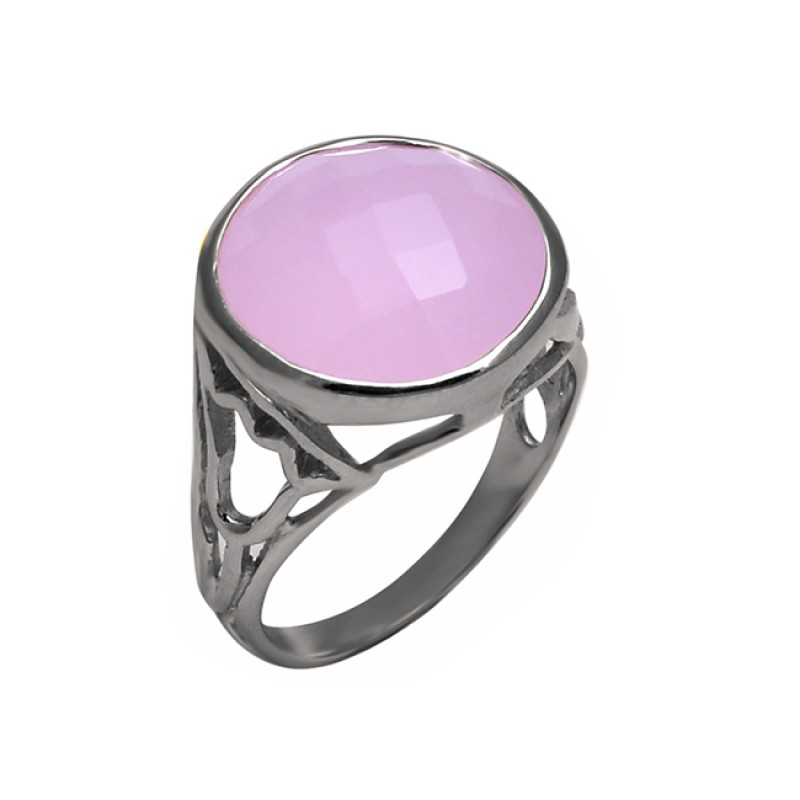 Round Shape Rose Chalcedony Gemstone 925 Sterling Silver Designer Ring