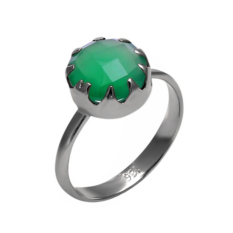 Faceted Round Shape Green Onyx Gemstone 925 Sterling Silver Prong Setting Ring