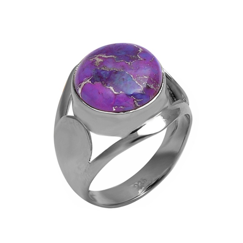 925 Sterling Silver Round Cabochon Purple Copper Turquoise Gemstone Ring Jewelry