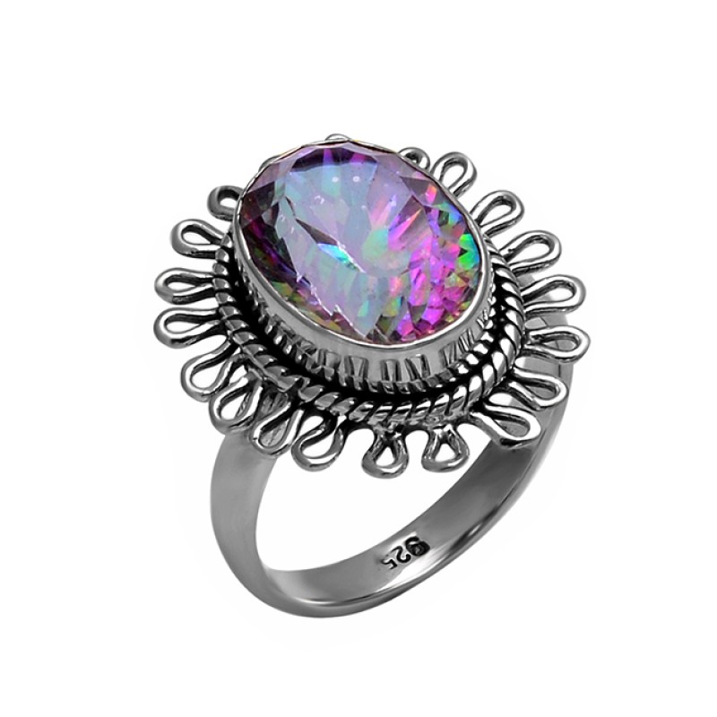 Attractive Designer Oval Shape Mystic Topaz Gemstone 925 Silver Black Oxidized Ring
