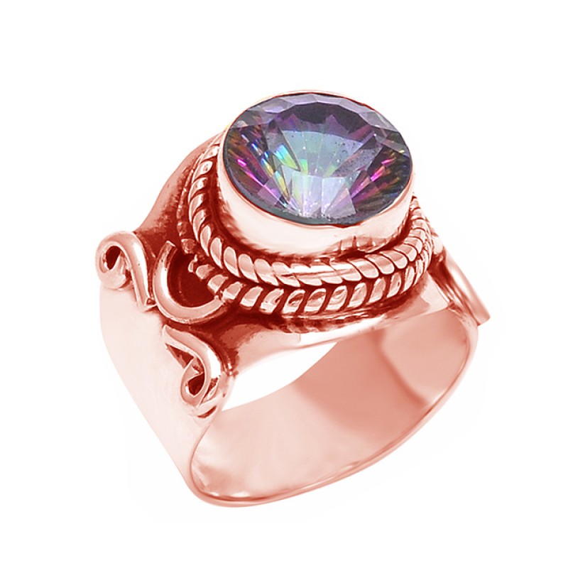 Faceted Round Shape Mystic Topaz Gemstone Designer Black Oxidized Ring Jewelry