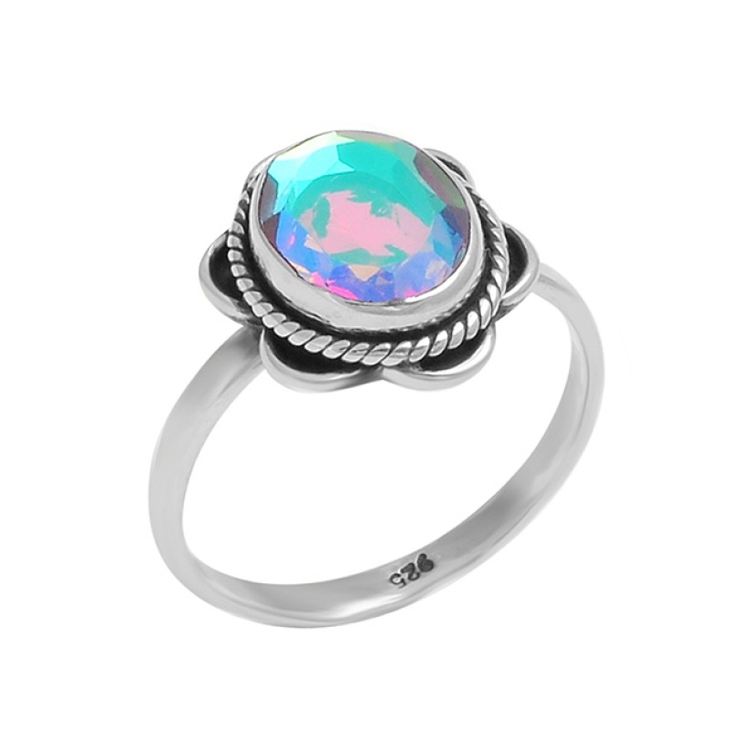 Oval Shape Rainbow Mystic Topaz Gemstone 925 Sterling Silver Black Oxidized Ring