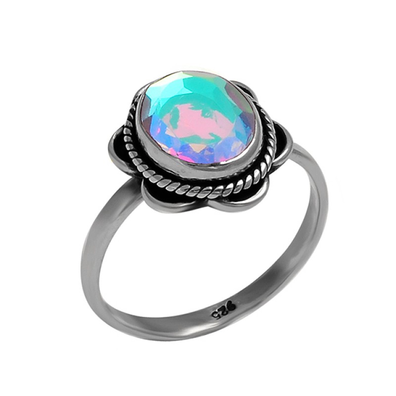 Oval Shape Rainbow Mystic Topaz Gemstone 925 Sterling Silver Black Oxidized Ring