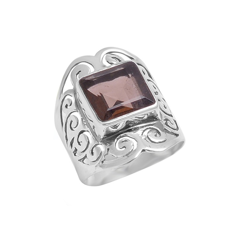 925 Sterling Silver Faceted Square Shape Smoky Quartz Gemstone Designer Ring