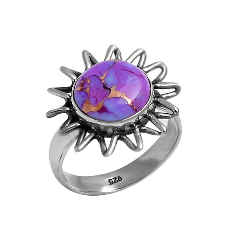 Purple Copper Turquoise Round Shape Gemstone 925 Sterling Silver Ring