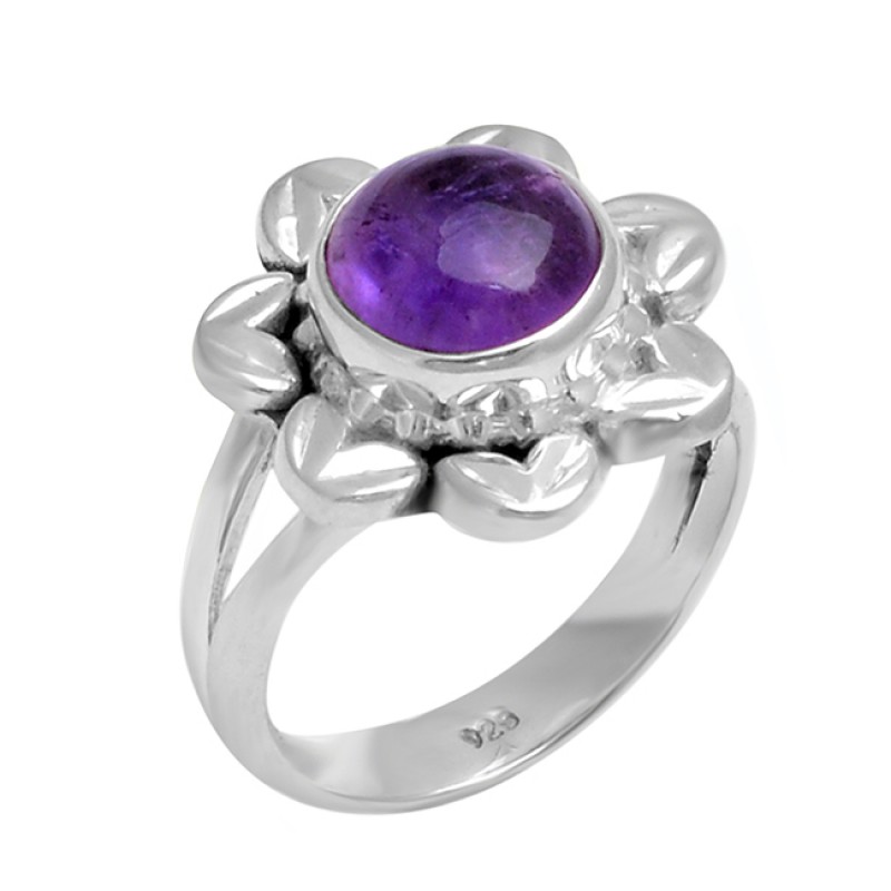 925 Sterling Silver Round Cabochon Amethyst handcrafted Designer Ring