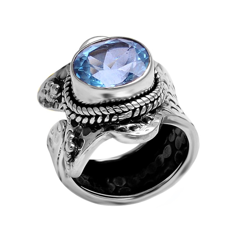 Faceted Oval Shape Blue Topaz Gemstone 925 Sterling Silver Black Oxidized Ring