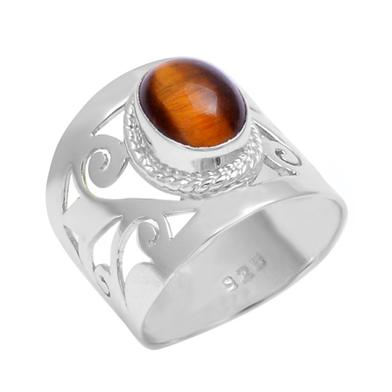 925 Sterling Silver Tiger Eye Oval Shape Gemstone Filigree Style Designer Ring