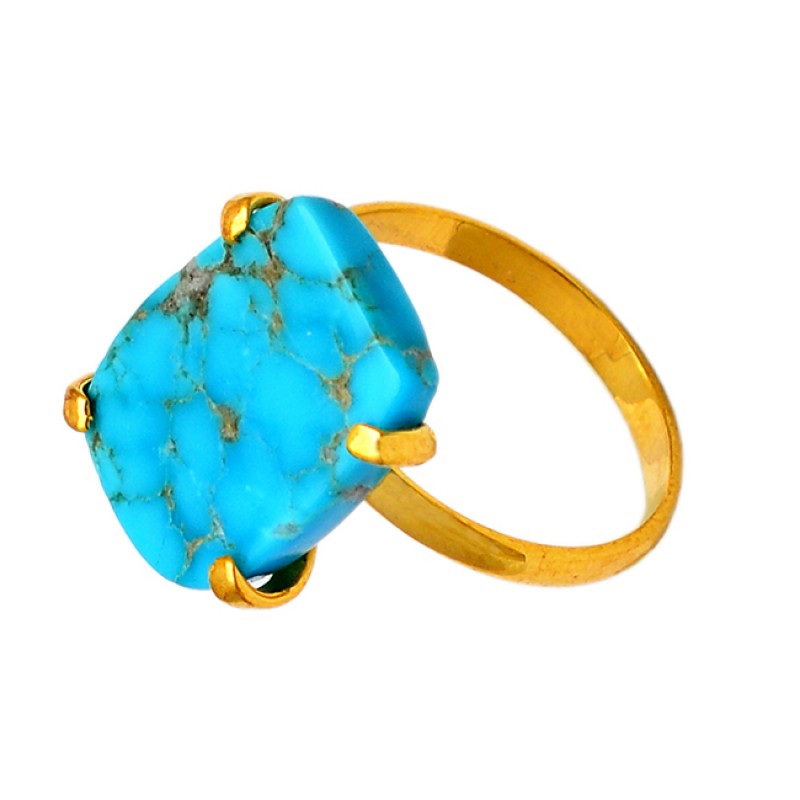 Rectangle Shape Turquoise Gemstone 925 Sterling Silver Gold Plated Ring Jewelry