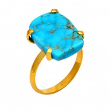 Rectangle Shape Turquoise Gemstone 925 Sterling Silver Gold Plated Ring Jewelry