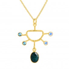 Roundel Beads Shape Rainbow Moonstone 925 Sterling Silver Gold Plated Necklace : Price $19.50