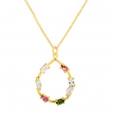 Multi Cut Pink Quartz , Blue Topaz, Rainbow Moonstone, Green Quartz Gemstone Necklace 925 Sterling Silver Necklace With Gold Plated Gemstone Jewelry.