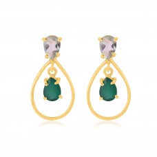 Chalcedony Amethyst Tourmaline Quartz Gemstone Gold Plated Stud Earrings : Price $10.50