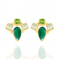 Emerald Pear Drops Gemstone Handmade 925 Sterling Silver Gold Plated Dangle Earrings : Price $16.90