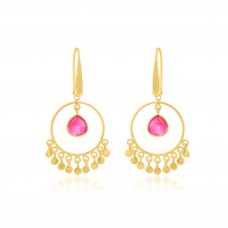 Heart Shape Ruby Gemstone Earring 925 Sterling Silver Dangle Earring With Gold Plated Bezel Setting Fashionable Dangle Earring For Women.