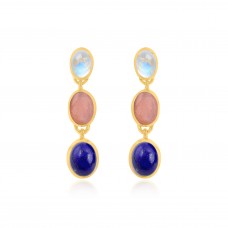 Oval Shape Rainbow Moon Stone 925 Sterling Silver Gold Plated Dangle Earrings : Price $16.50