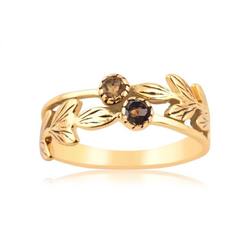 
									925 Sterling Silver Ring With Gold Plated Ring Round Cut Smoky Quartz & Citrine Gemstone Ring Prong Setting Ring Gemstone Jewelry