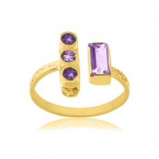 Round Cut & Baguette Cut Amethyst Gemstone Ring 925 Sterling Silver Ring With Gold Plated Ring Bezel Setting Classic Ring For Women.