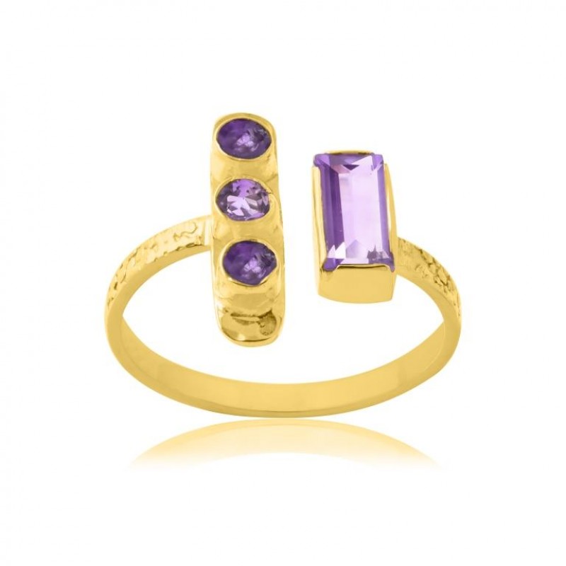 
									Round Cut & Baguette Cut Amethyst Gemstone Ring 925 Sterling Silver Ring With Gold Plated Ring Bezel Setting Classic Ring For Women.